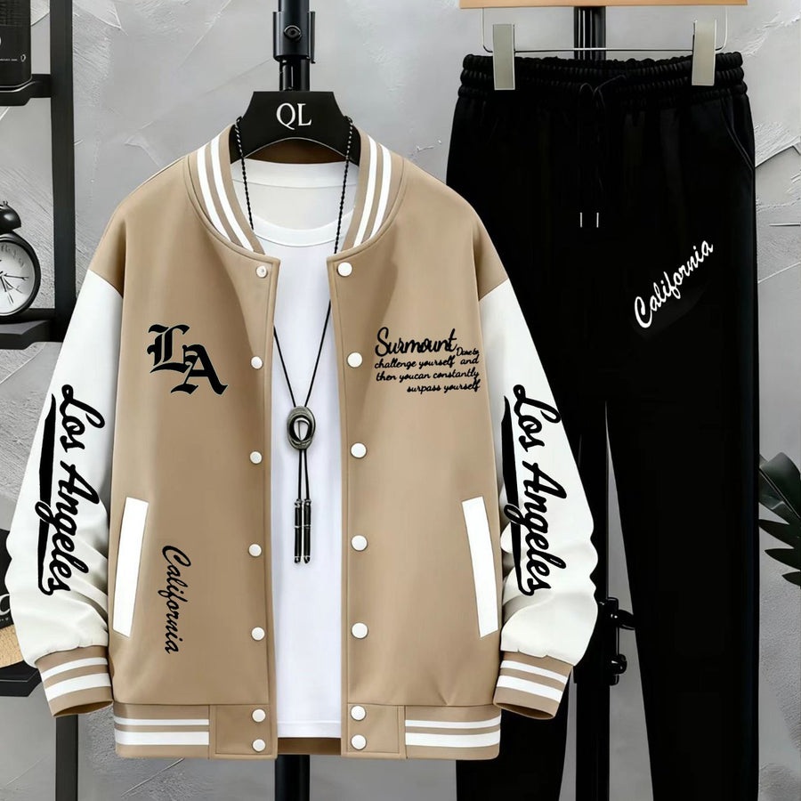 Unisex Varsity Träningsset med Tryck och Joggingbyxor, Tvåfärgad Jacka med Knappar