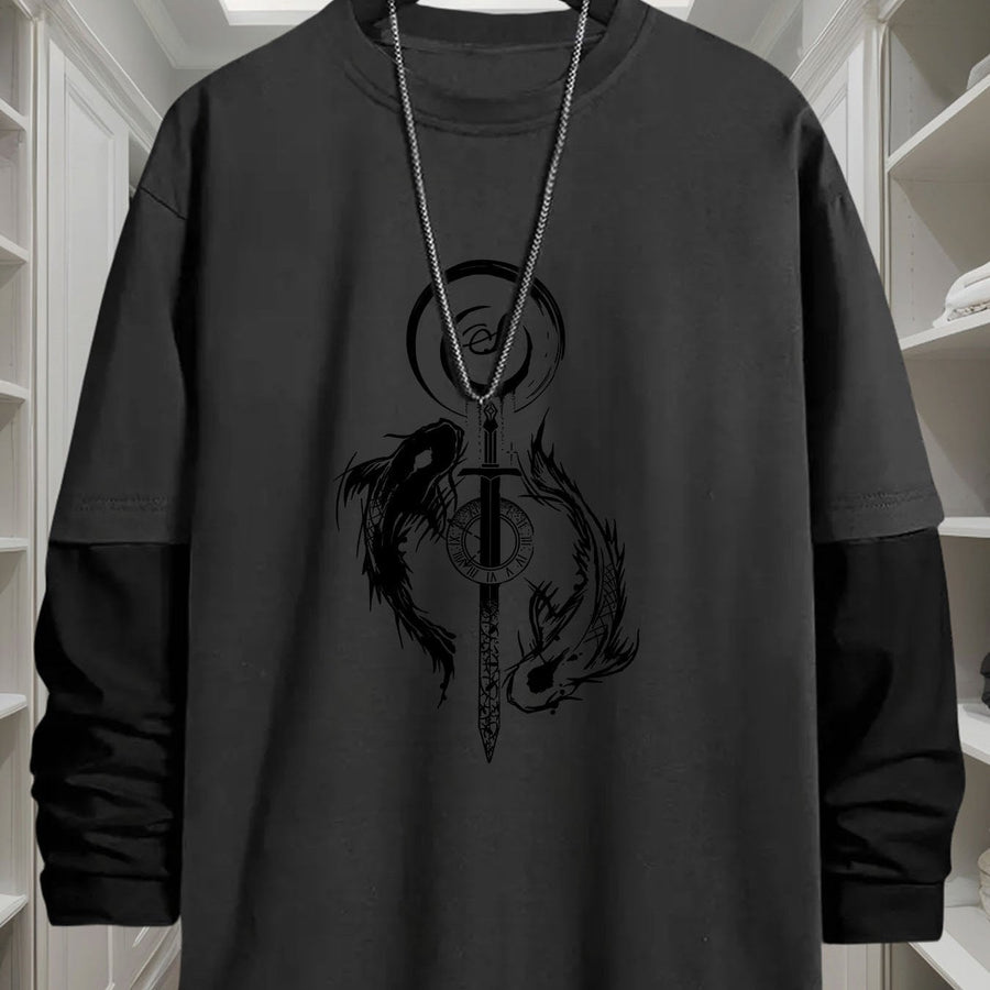 Långärmad t-shirt med lager-på-lager-look och svärd- & drakmotiv