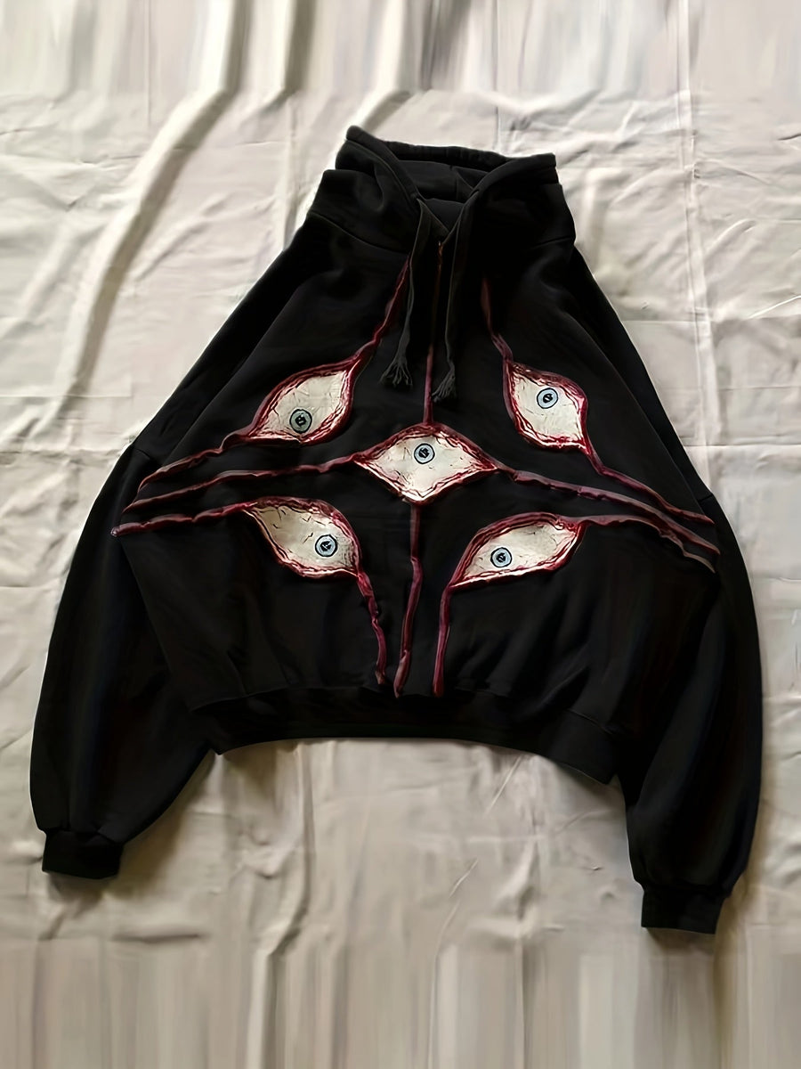 Hoodie med ögonmotiv och dragsko - Långärmad huvtröja
