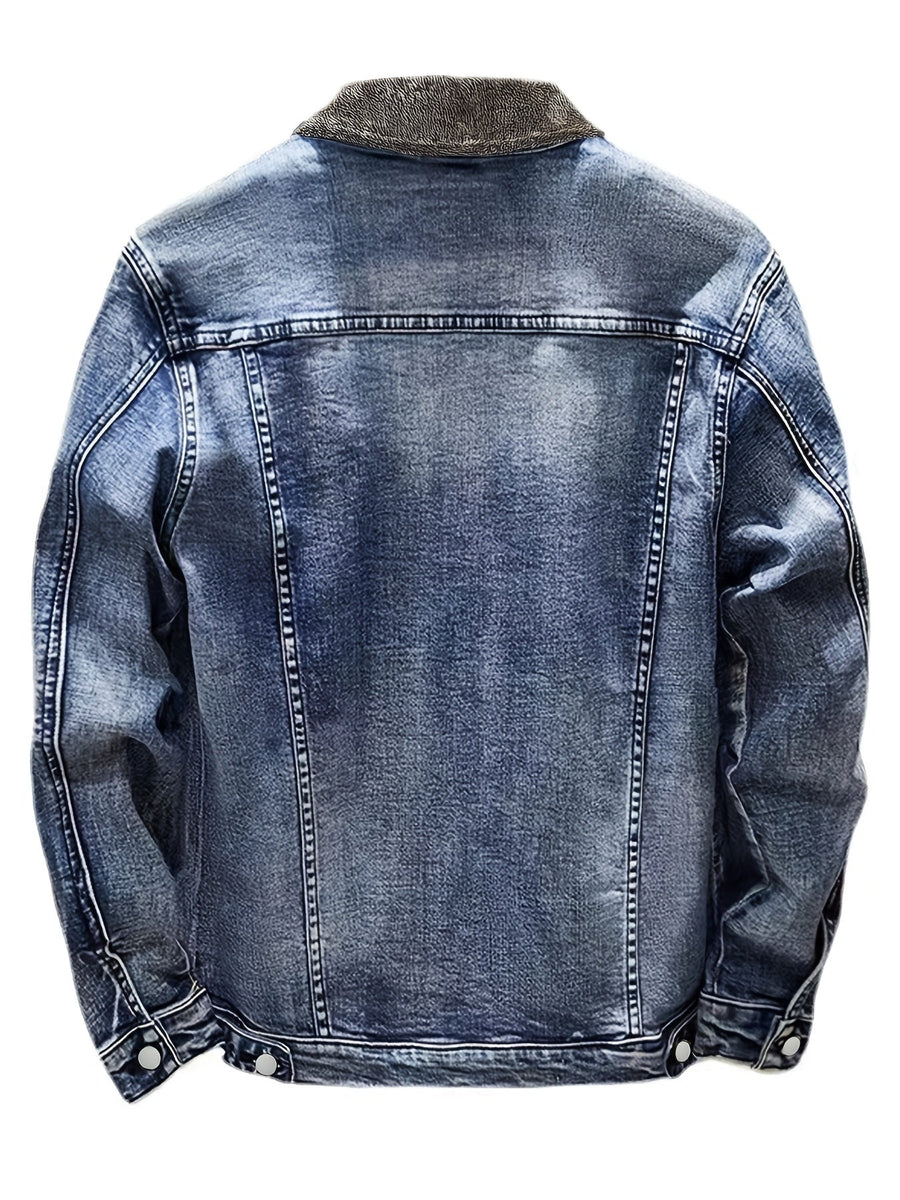 Jeansjacka med foder i teddytyg, ljusblå denim vinterjacka för män