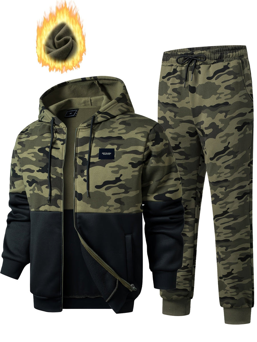 Kamouflagemönstrad Hoodie med Dragkedja och Byxor – Tvådelat Herrset i Grönskala