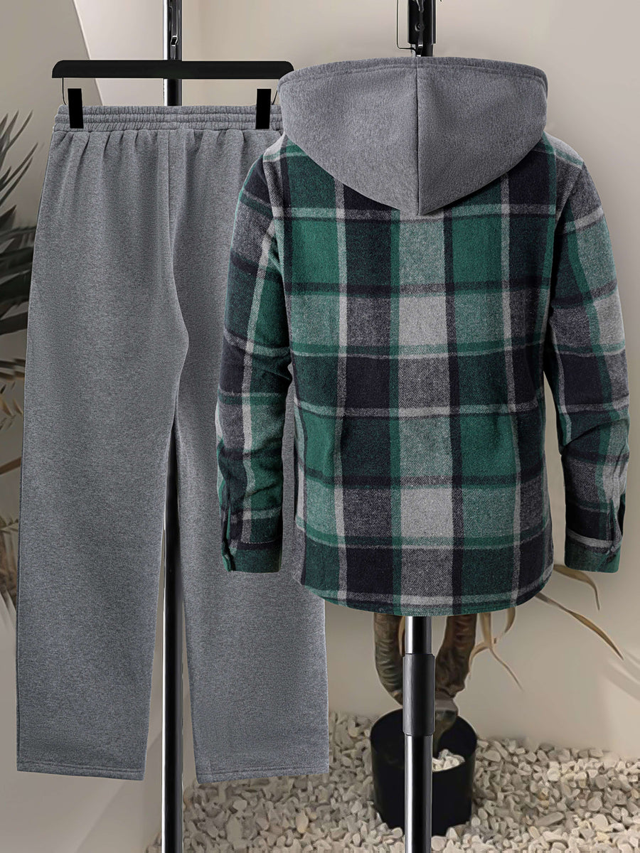 Rutig Hoodietröja med Skjortkrage och Byxor, Herrset med Långärmad Tröja och Sweatpants