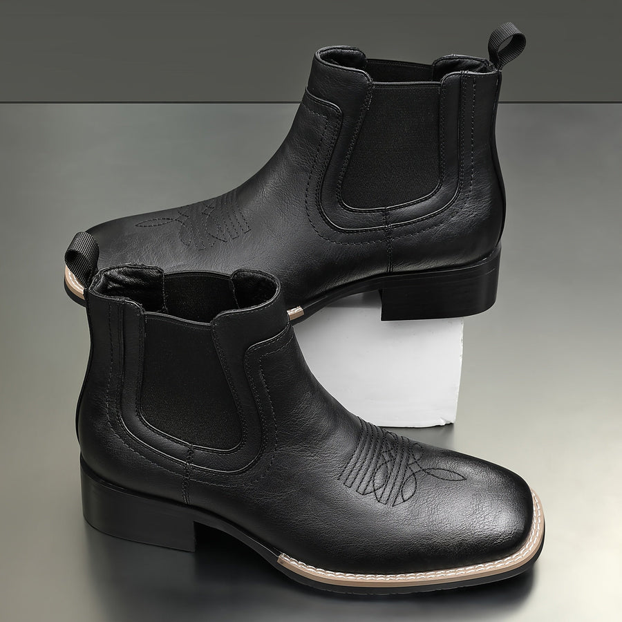 Bruna Chelseaboots med kvadratisk tå och elastiska sidopaneler, broderade detaljer