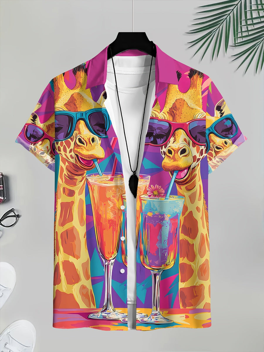Herr Skjorta Med Giraff- och Drinkmotiv – Färgglad Sommarfestskjorta, Rolig & Trendig
