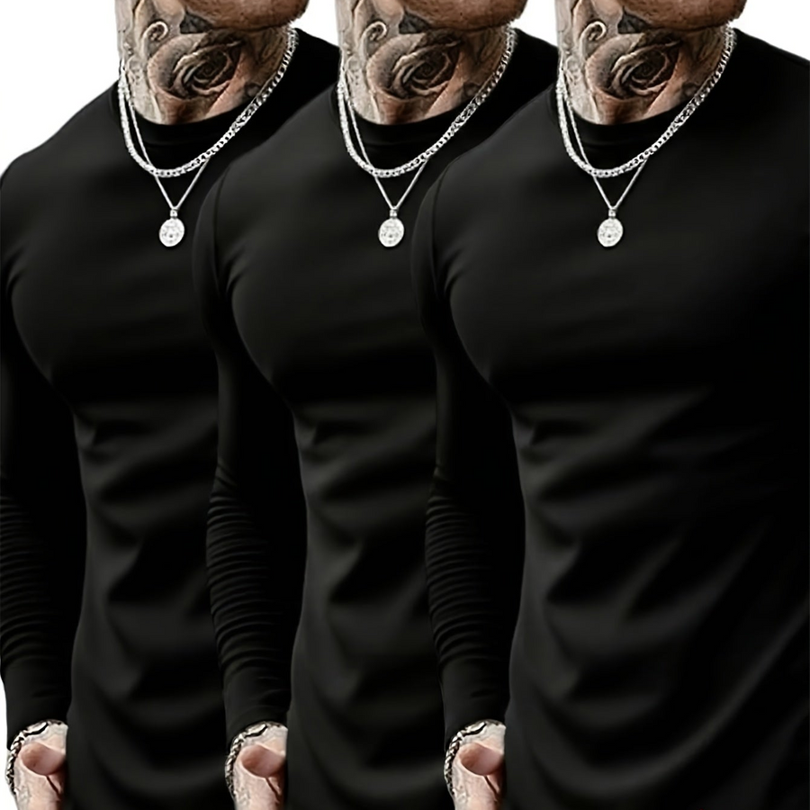 3-pack Herr Tröja Långärmad Rundhalsad Slim Fit Svart Vit Grå