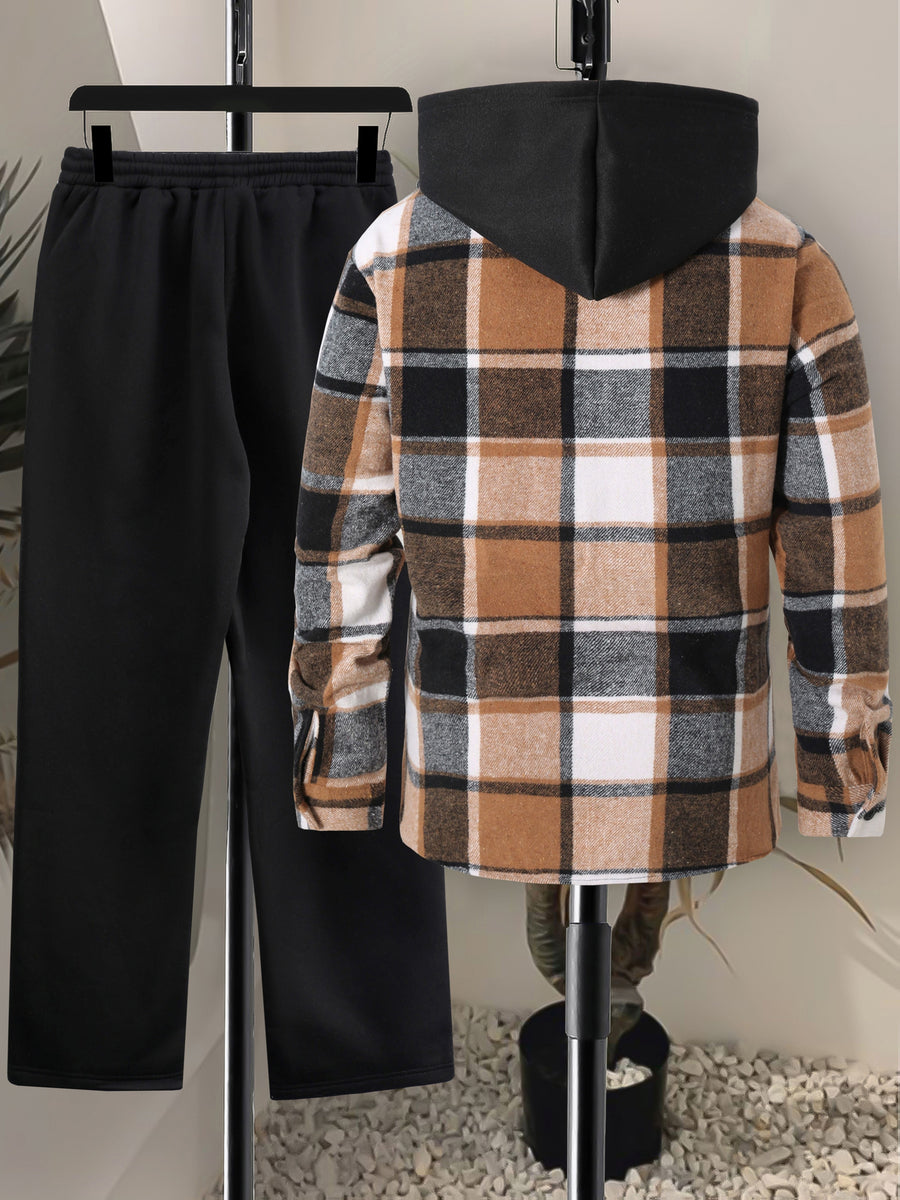 Rutig Hoodietröja med Skjortkrage och Byxor, Herrset med Långärmad Tröja och Sweatpants