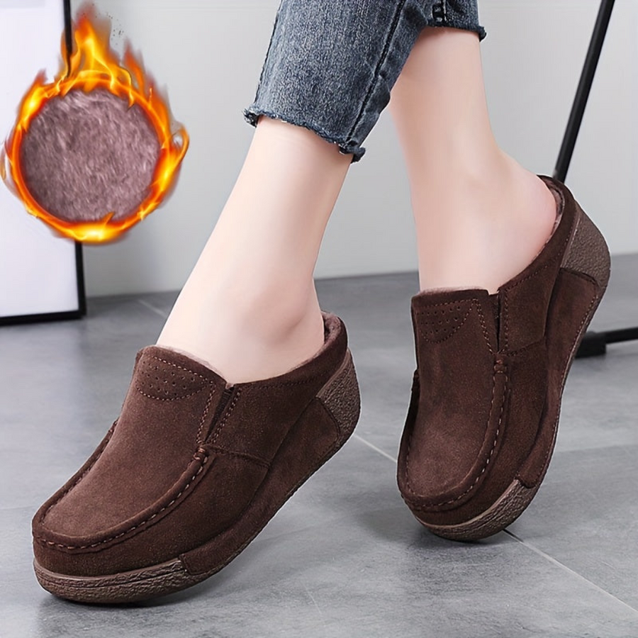 Dammuleskor mockaimitation slip-on med tjock sula, bruna