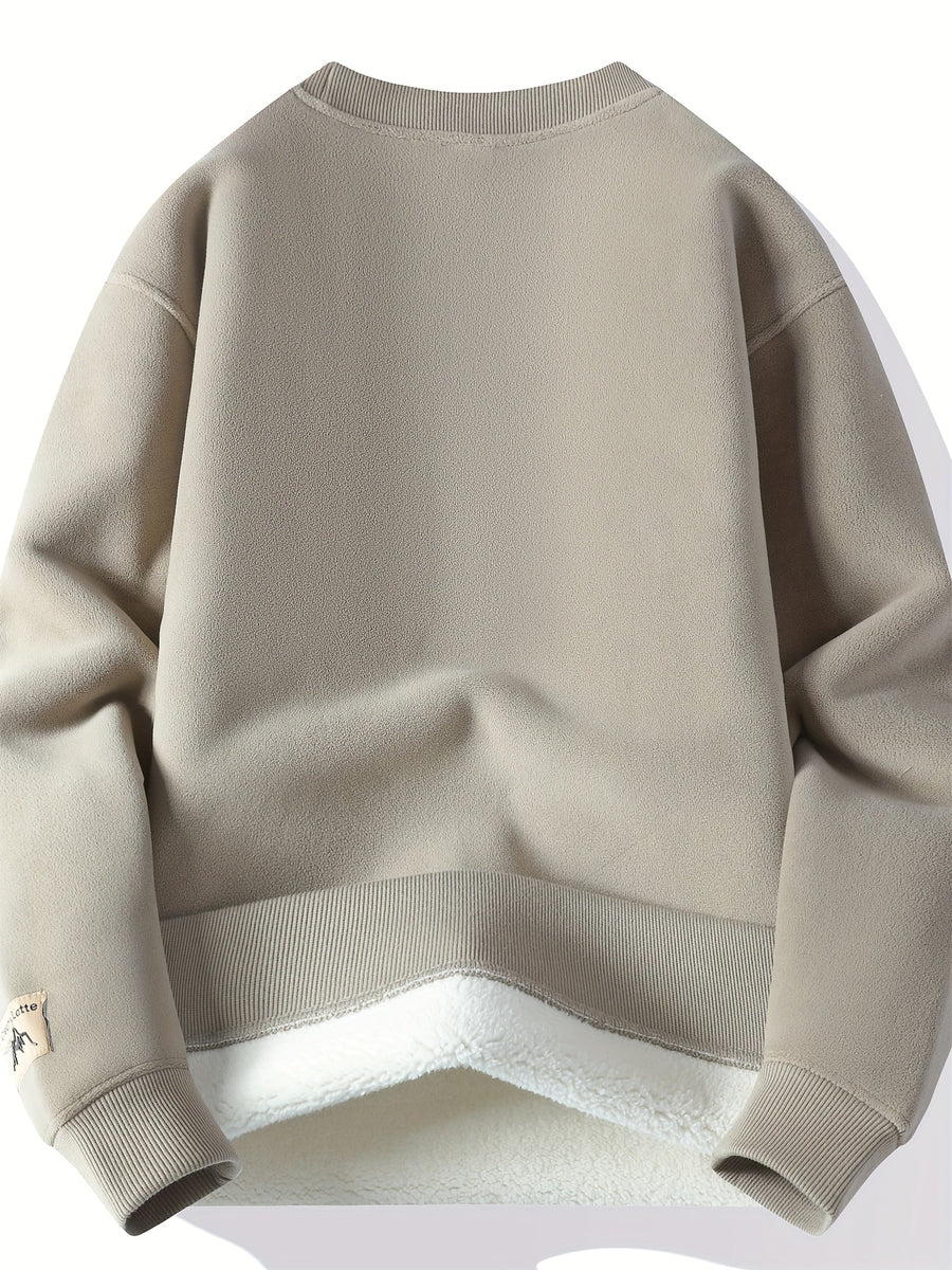 Unisex Tröja med Rund Hals och Fleeceinsida, Varm Tjock Tröja, Khaki