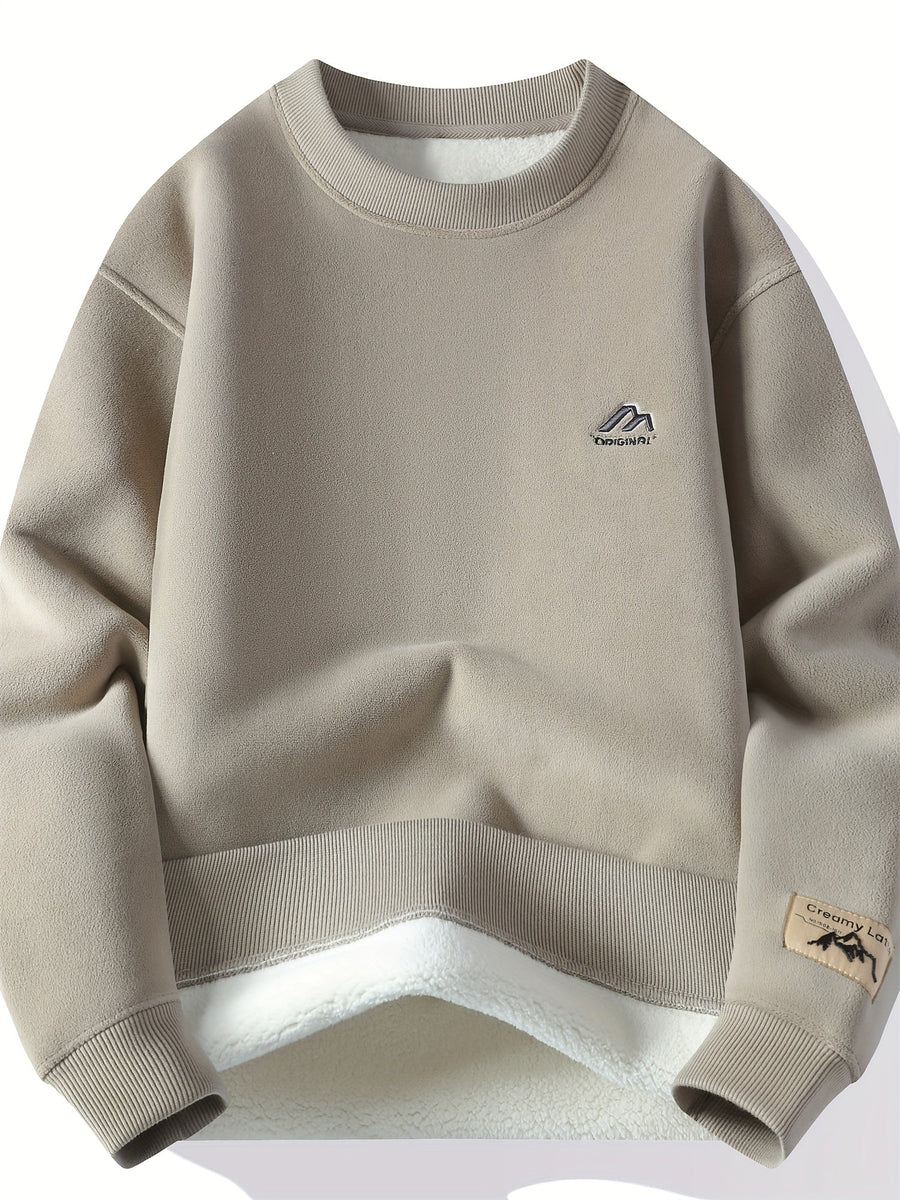 Unisex Tröja med Rund Hals och Fleeceinsida, Varm Tjock Tröja, Khaki