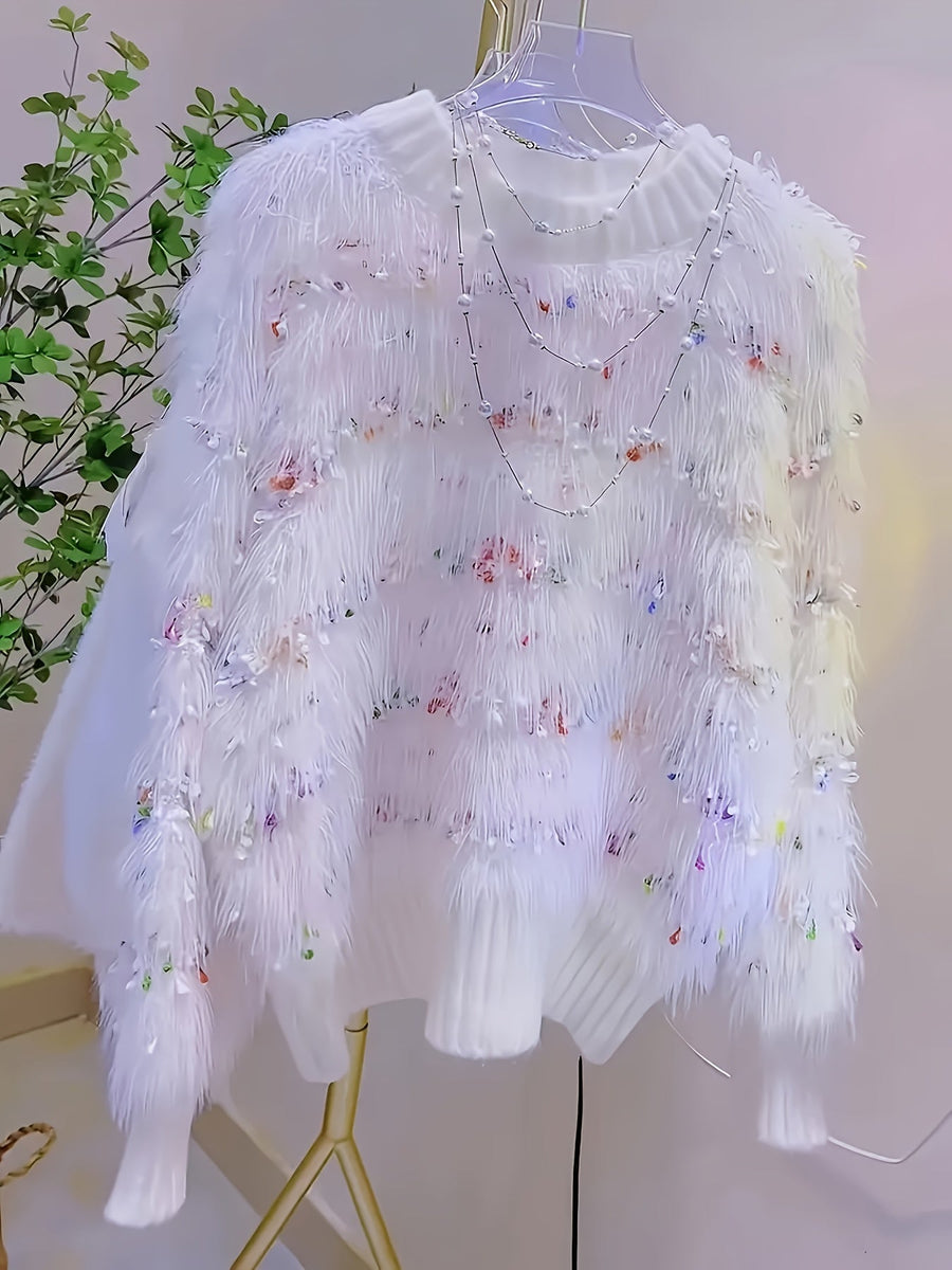 Vit Fluffig Tröja med Färgade Detaljer och Ribbstickade Muddar