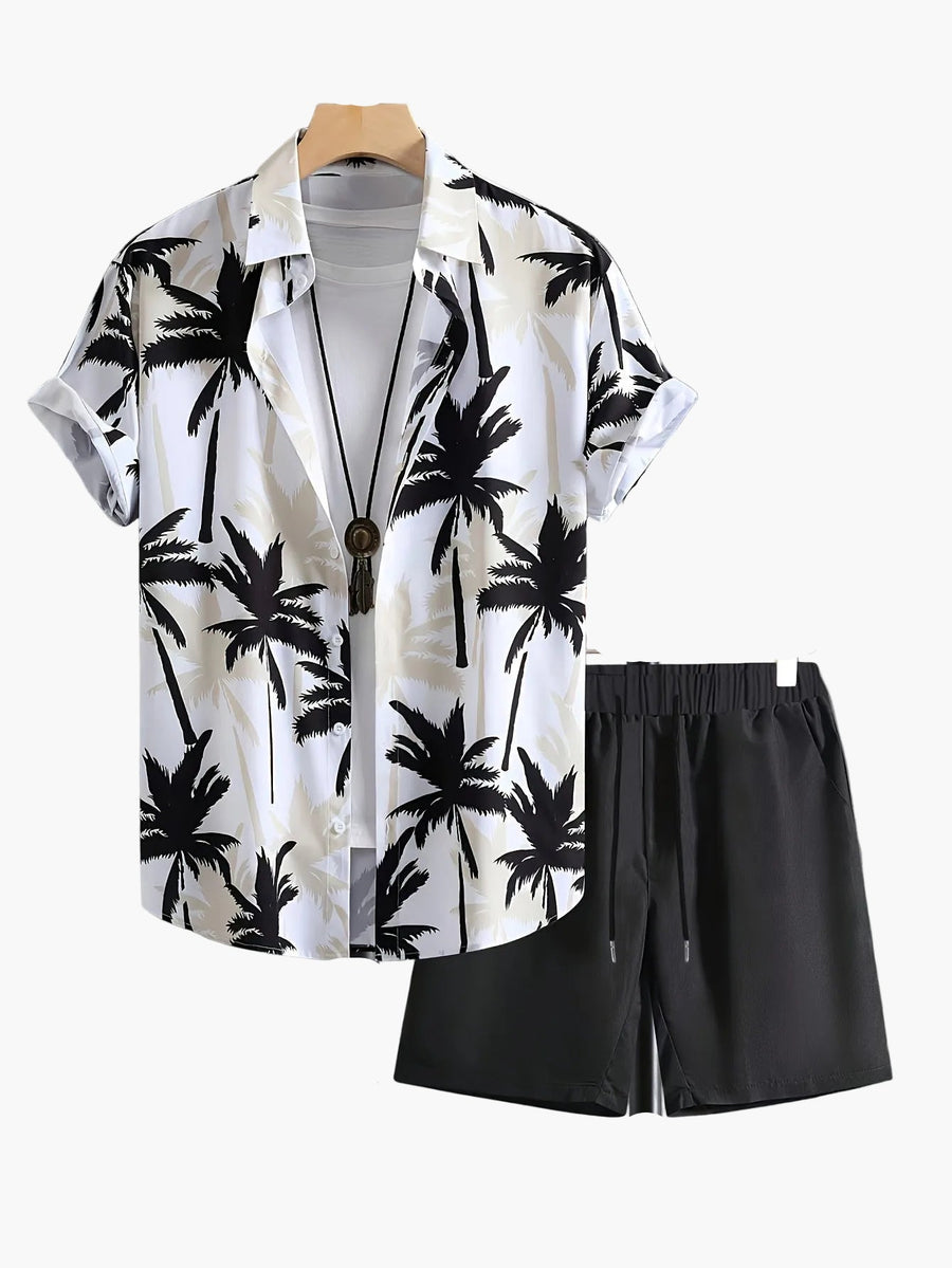 Herr Skjorta med Palmtryck och Shorts – Semesterset för Strand och Sommar