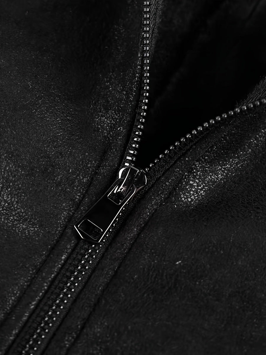 Herrjacka med fuskpälsfodring och ståkrage, dragkedja, dekorativa ränder på ärmarna, fickor