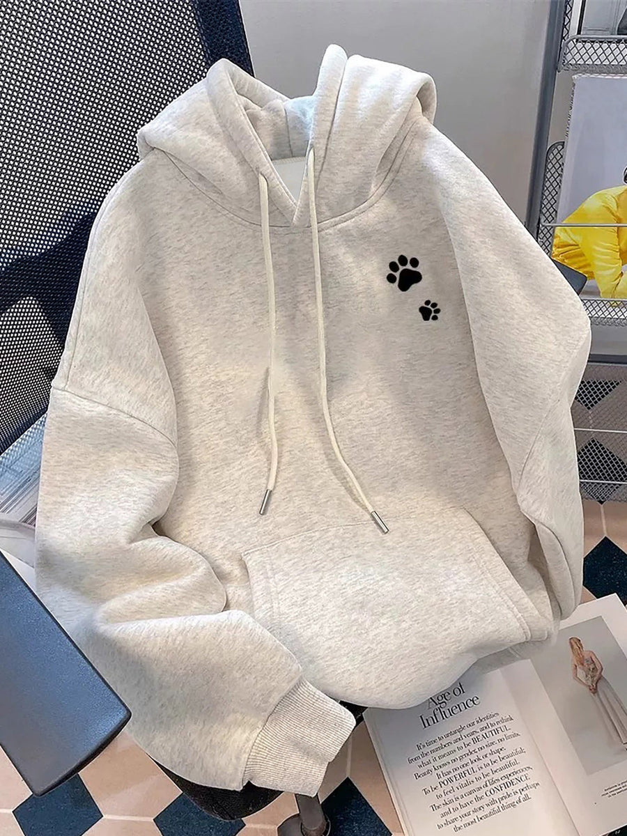 Ljusgrå hoodie med kattmotiv och kattögon på huvan, avslappnad passform