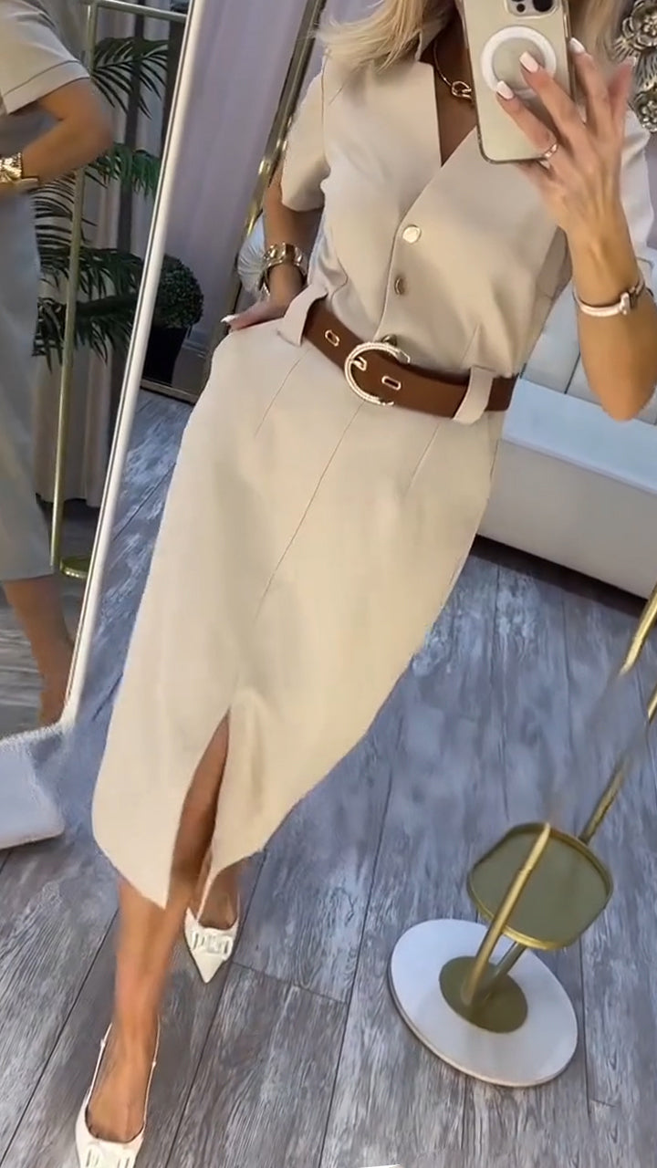 Beige Klänning Midi Kortärmad V-ringning Knappar Slits