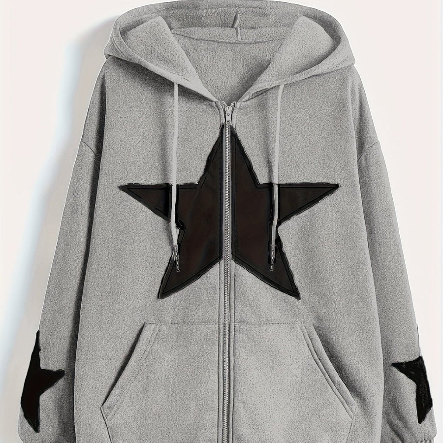 Brun Zip-up Hoodie med Huva och Stjärnmotiv – Rymlig Passform