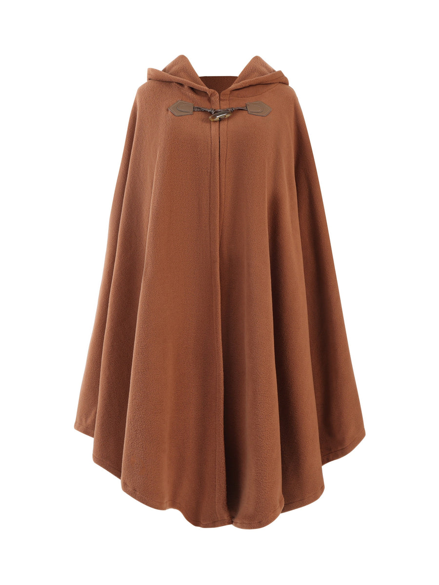 Fleeceponcho med huva och knäppning, enfärgad damponcho