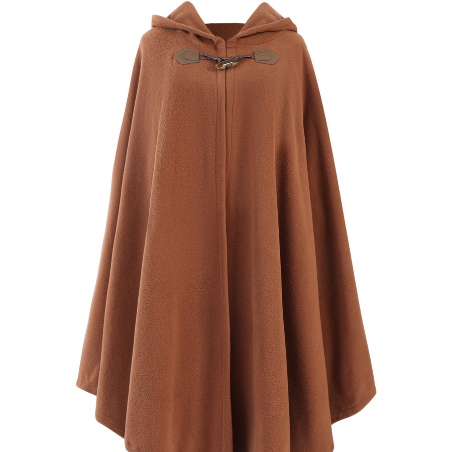 Fleeceponcho med huva och knäppning, enfärgad damponcho