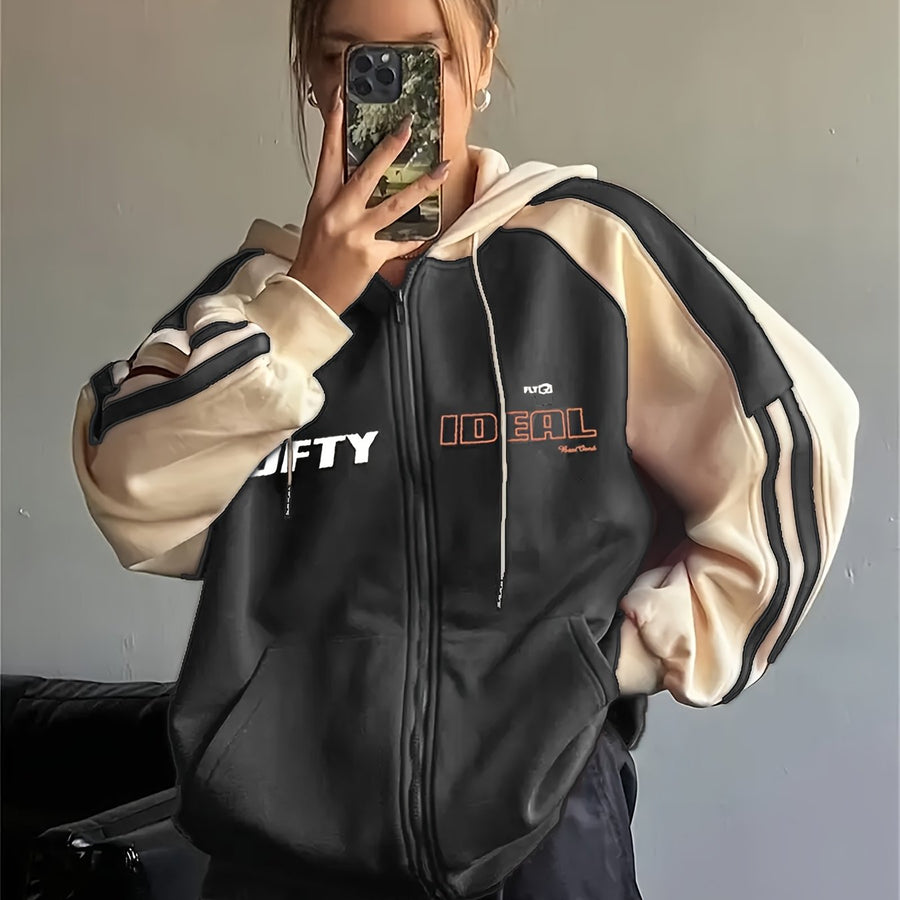 Damhoodie med dragkedja, huva och tre ränder på ärmarna