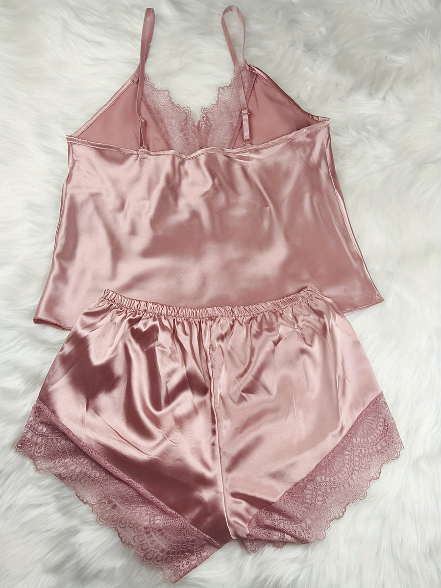 Dam Pyjamasset Med Spetsdetalj – Sexig V-ringad Loungewear För Vår och Sommar