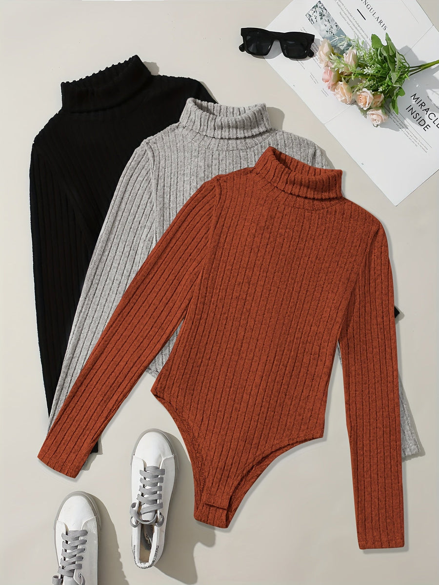 Ribbad långärmad polotröja bodysuit för dam
