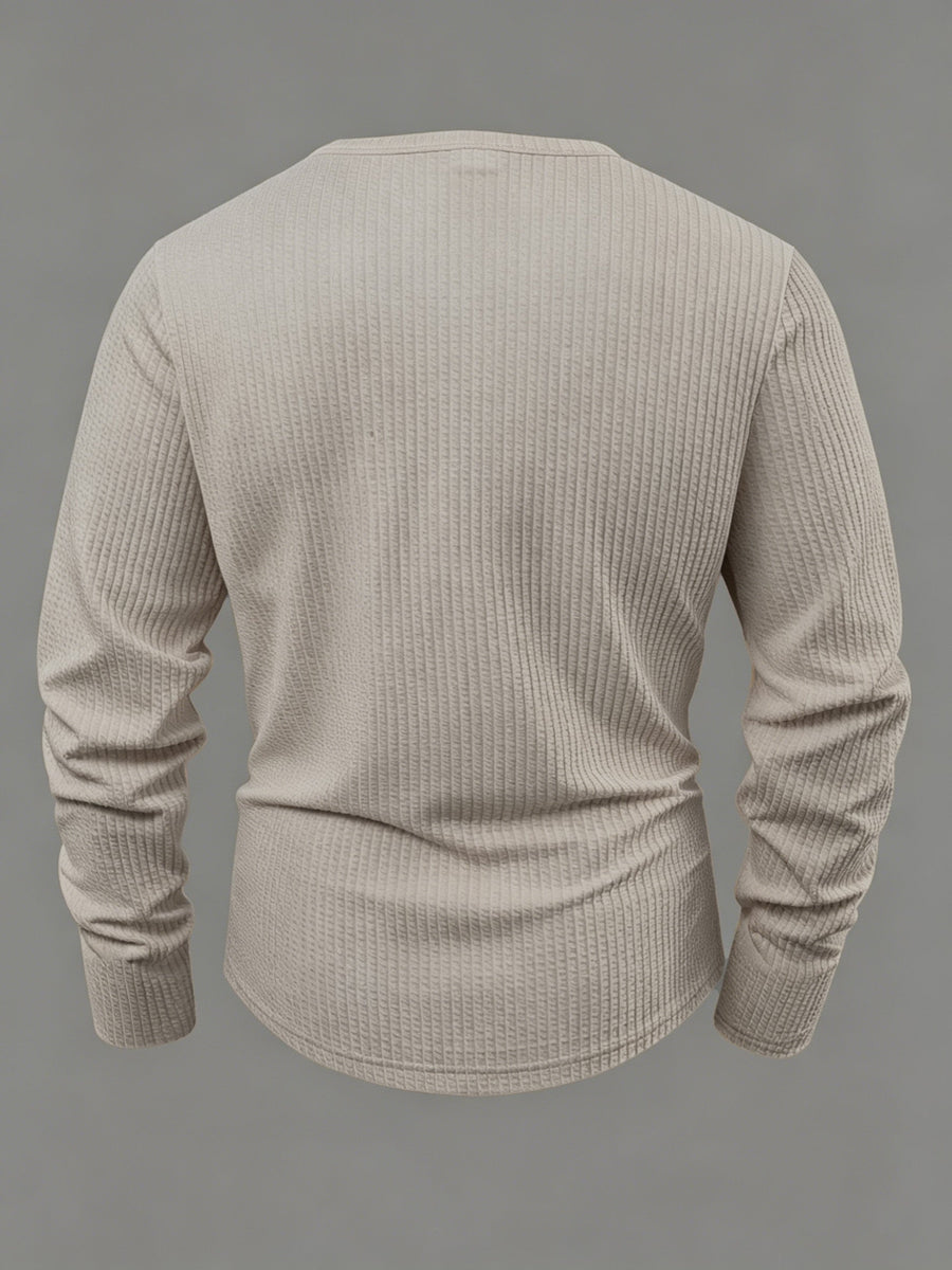 Herr långärmad tröja med strukturmönster och knappslå, Henley-modell