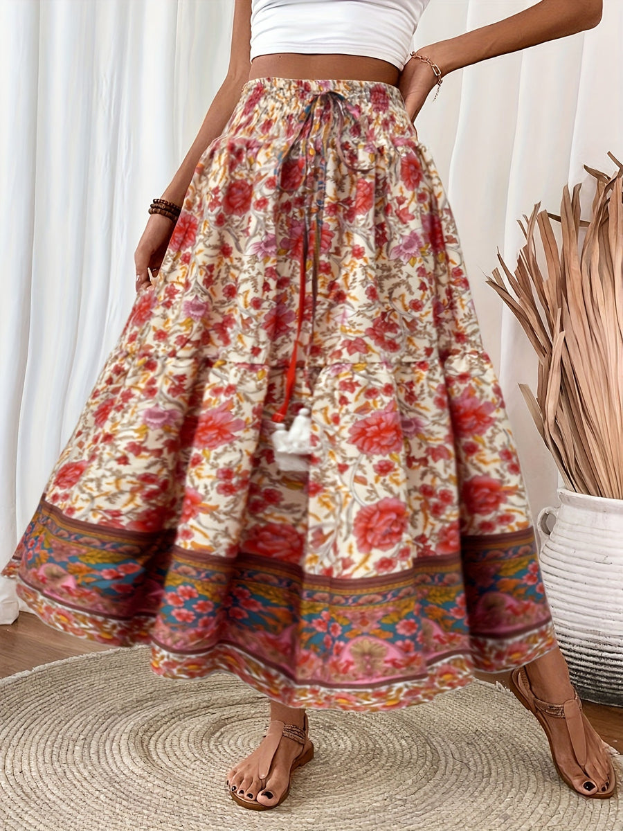 Dam Kjol Boho Lång Blommig Elegant Sommarmode Fickor