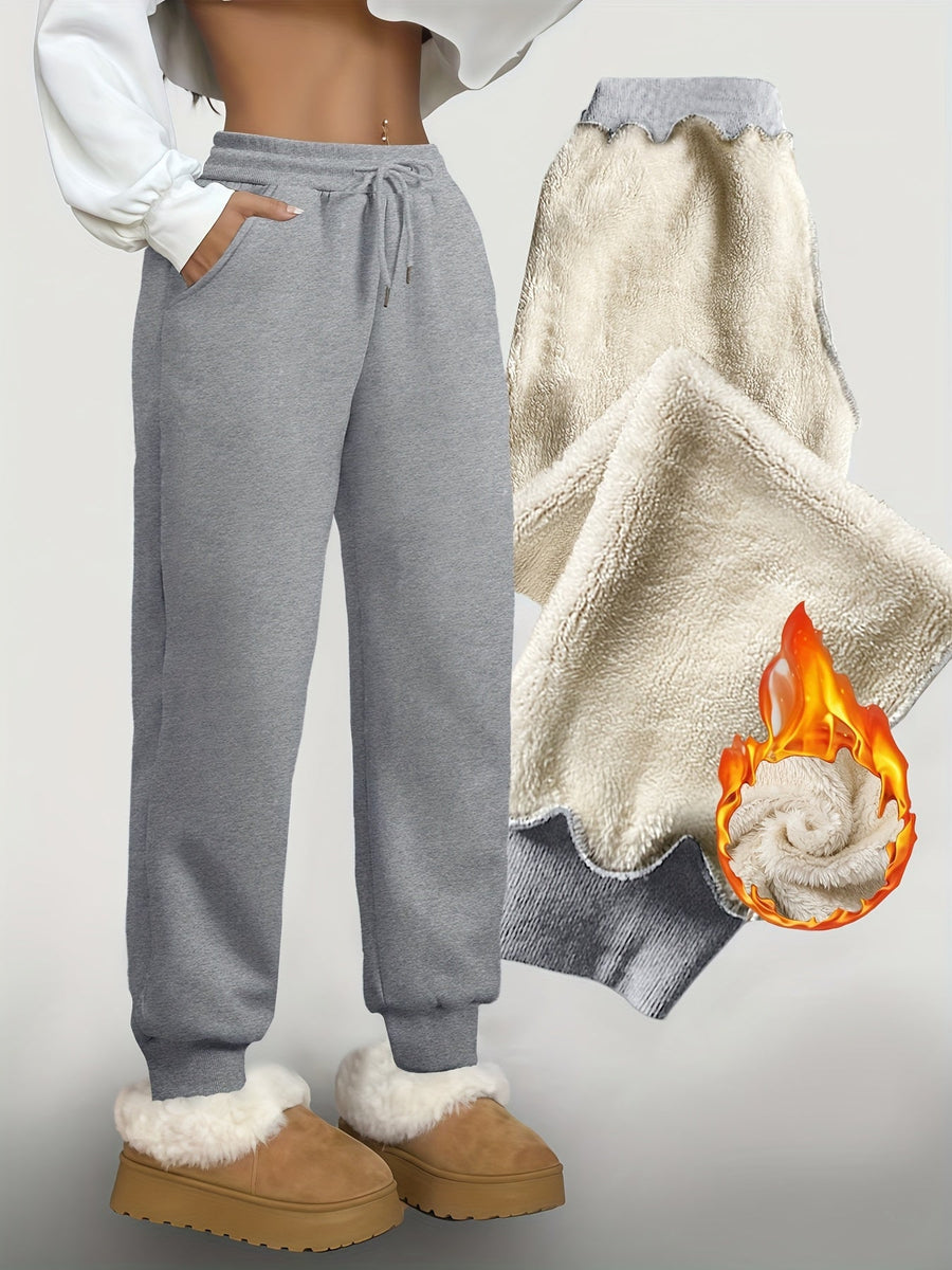 Fleecefodrade sweatpants för dam, enfärgade träningsbyxor med mudd