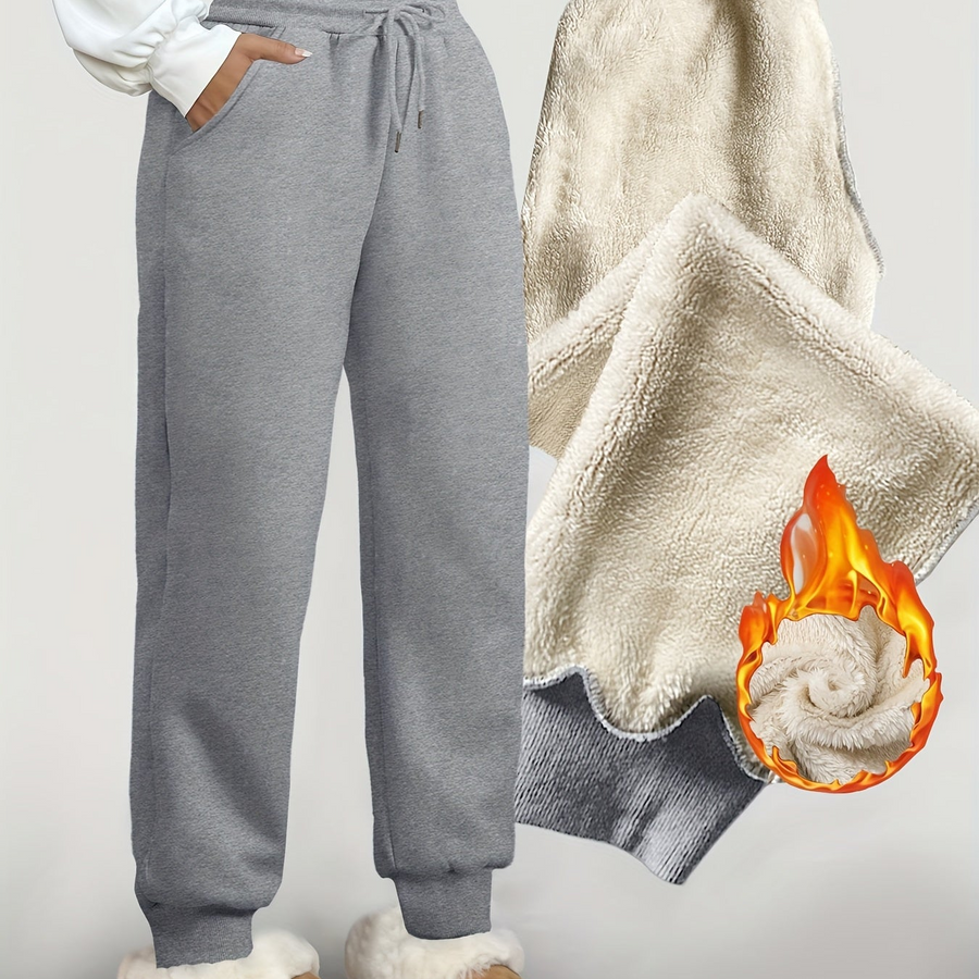 Fleecefodrade sweatpants för dam, enfärgade träningsbyxor med mudd