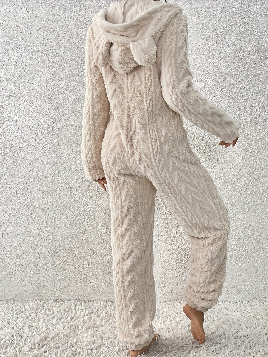 Dam Beige Teddy Overall med Huva och Dragkedja