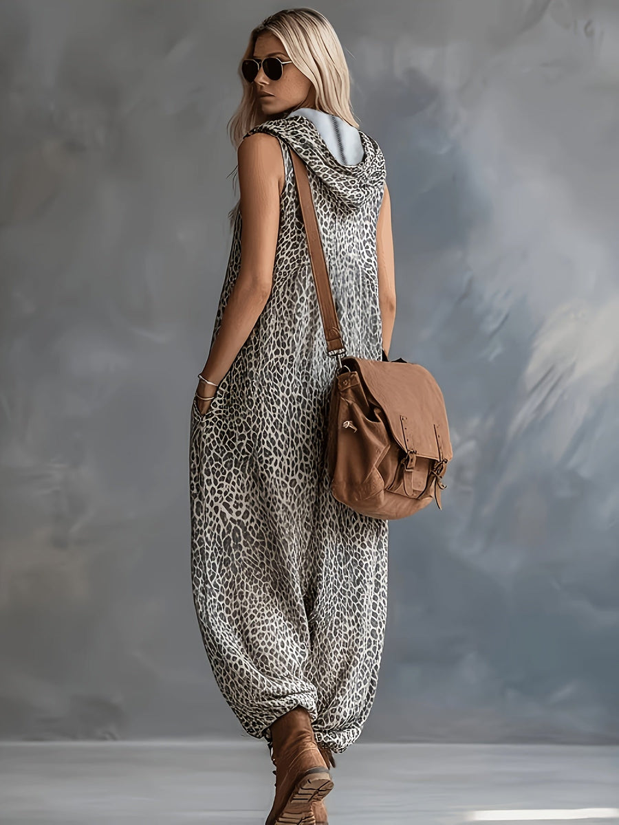 Leopardmönstrad damjumpsuit med huva och dragkedja, ärmlös