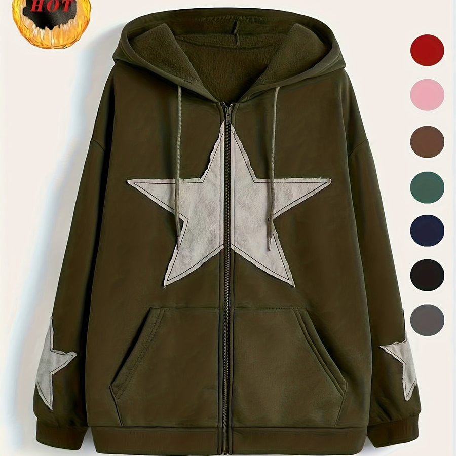 Brun Zip-up Hoodie med Huva och Stjärnmotiv – Rymlig Passform