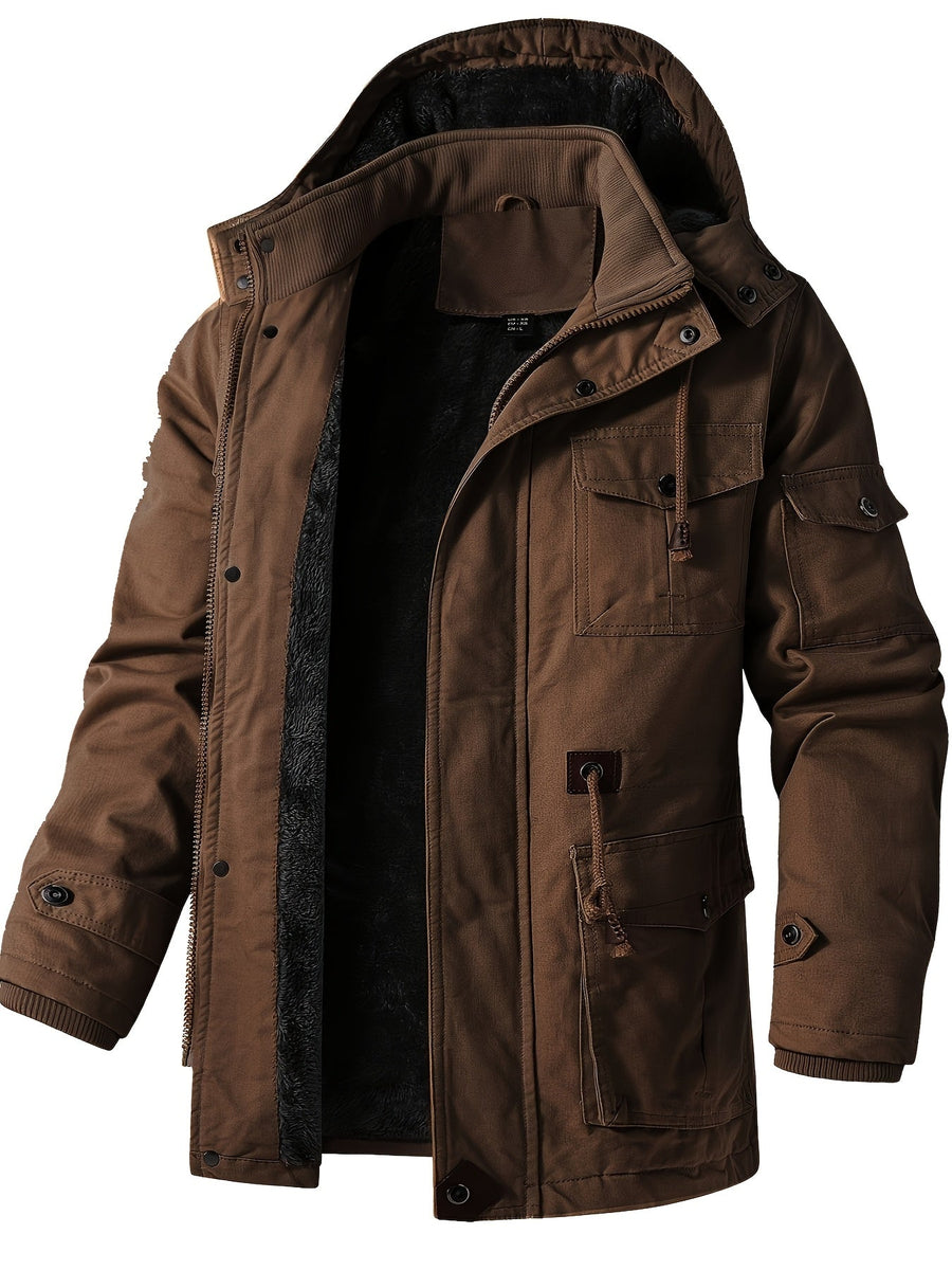 Herr Parkas Jacka med Huva, Fuskpälsfoder och Fickor, Vinterjacka