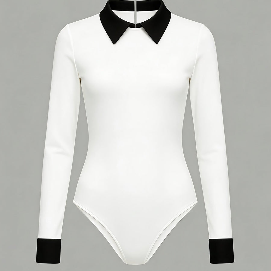 Långärmad bodysuit med kontrastkrage och manschetter för dam