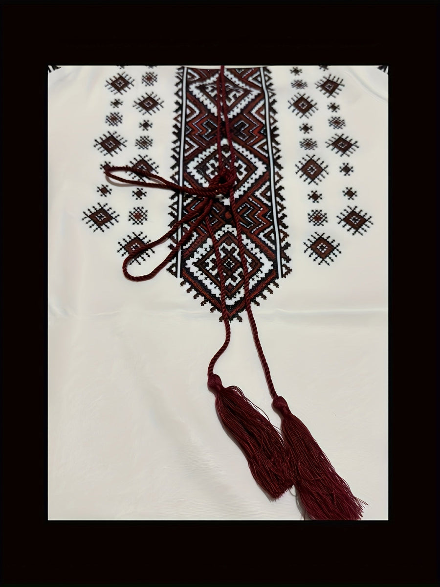 Vit Damblus med Broderat Mönster och Lång Ärm, Rund Halsringning