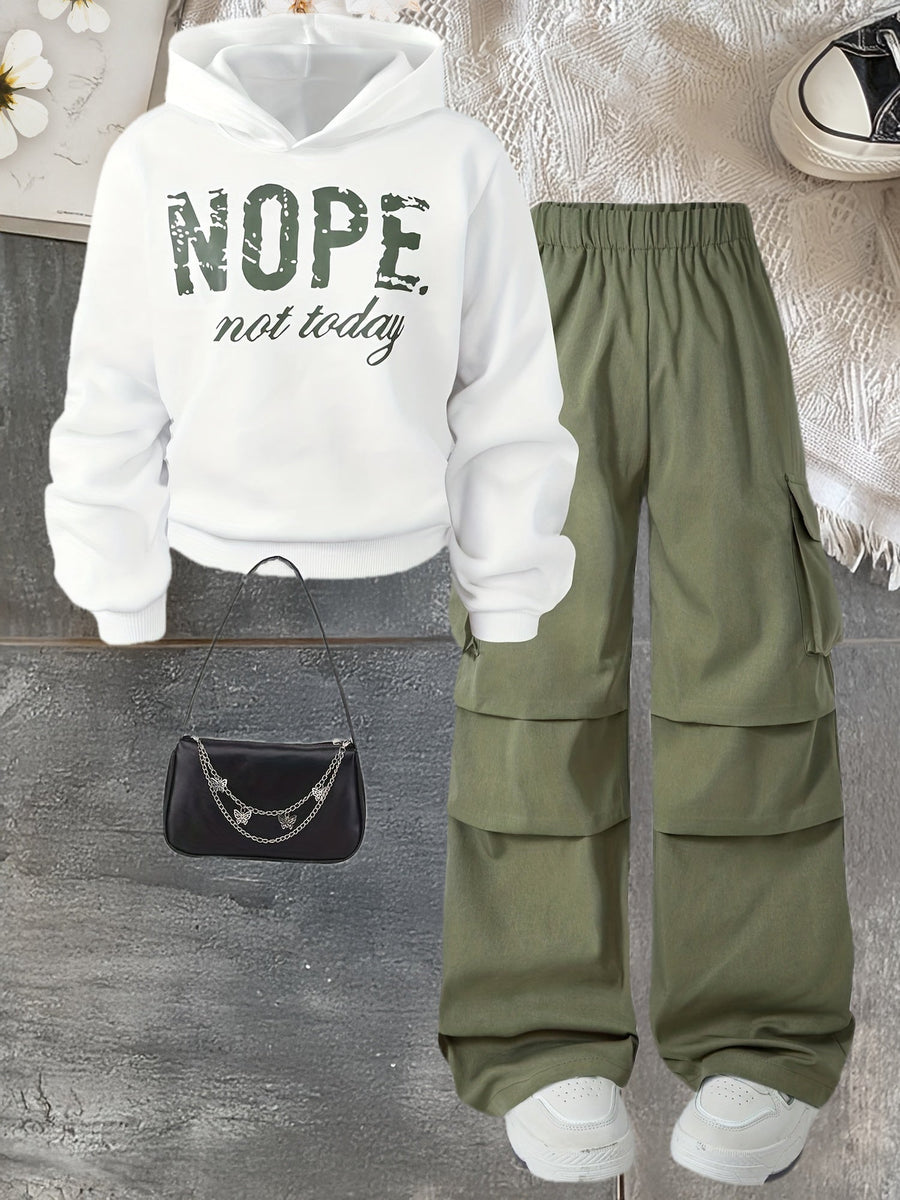 Unisex Hoodie & Cargobyxor Set Vit med Text Grön