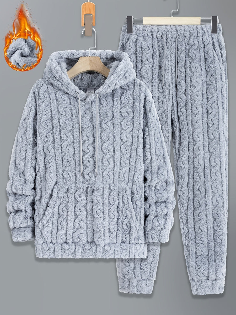 Herr Fluffig Hoodie och Byxor Set med Kabelstickat Mönster, Varm Mjuk Pyjamasdräkt