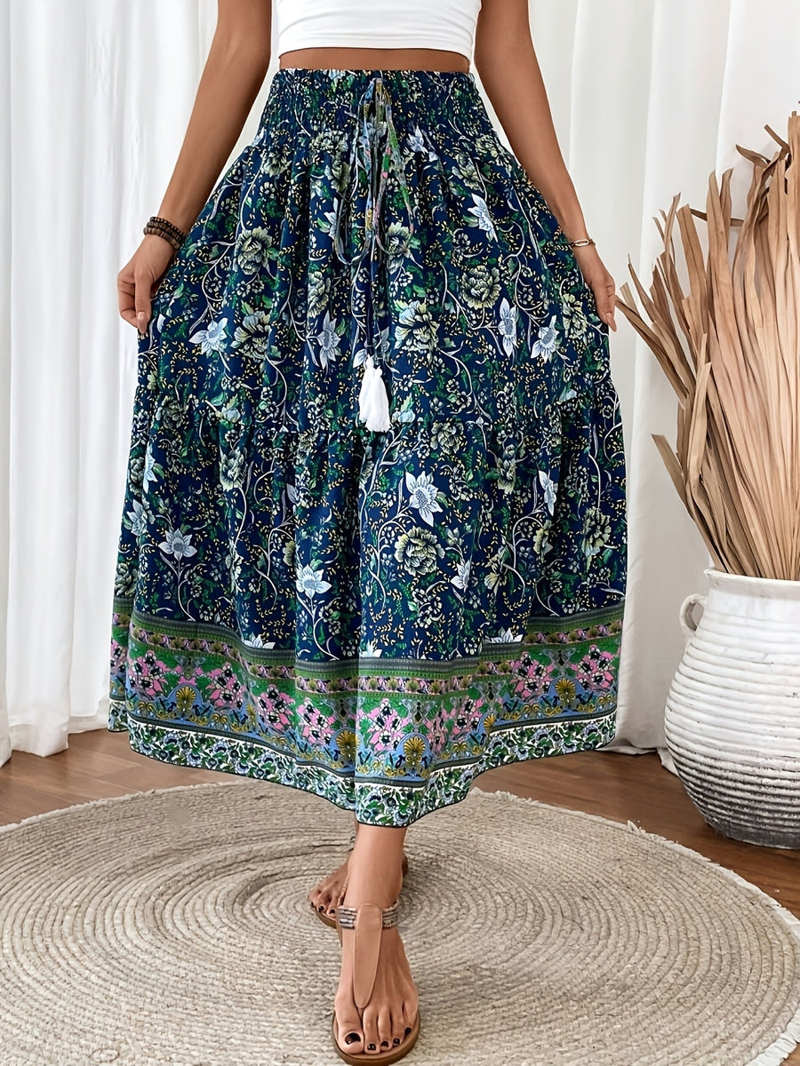 Dam Kjol Boho Lång Blommig Elegant Sommarmode Fickor
