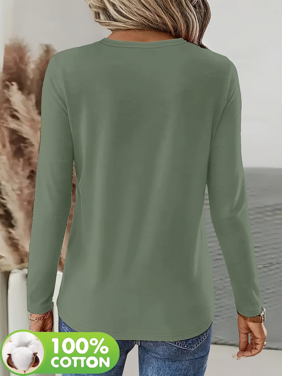Dam T-shirt med lång ärm, V-ringning och kattryck