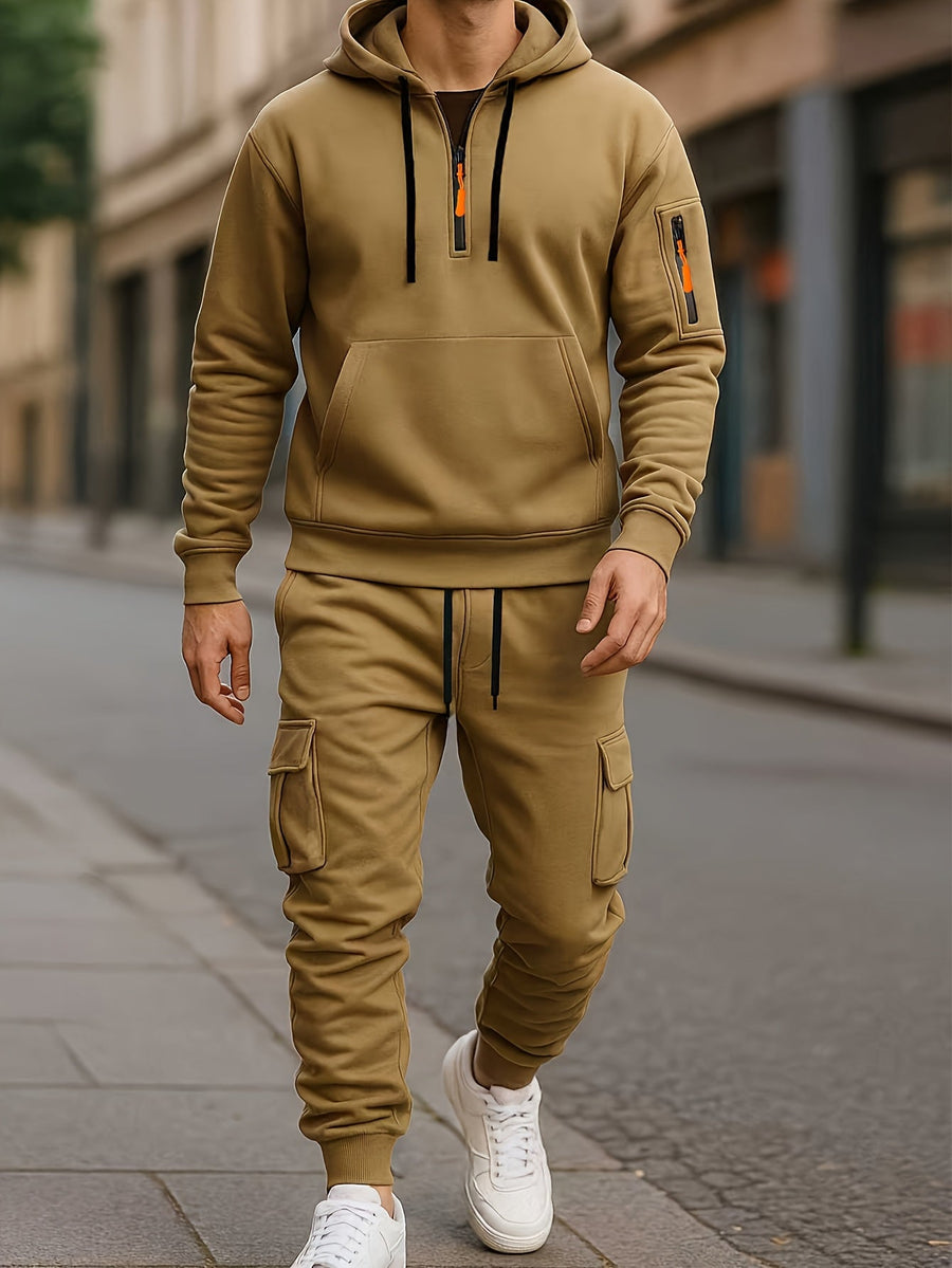 Grå herr hoodie och cargobyxa set med kvartsdragkedja och fickor