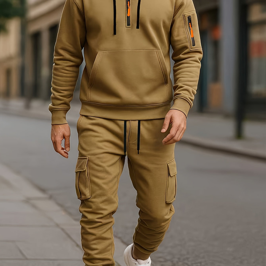 Grå herr hoodie och cargobyxa set med kvartsdragkedja och fickor