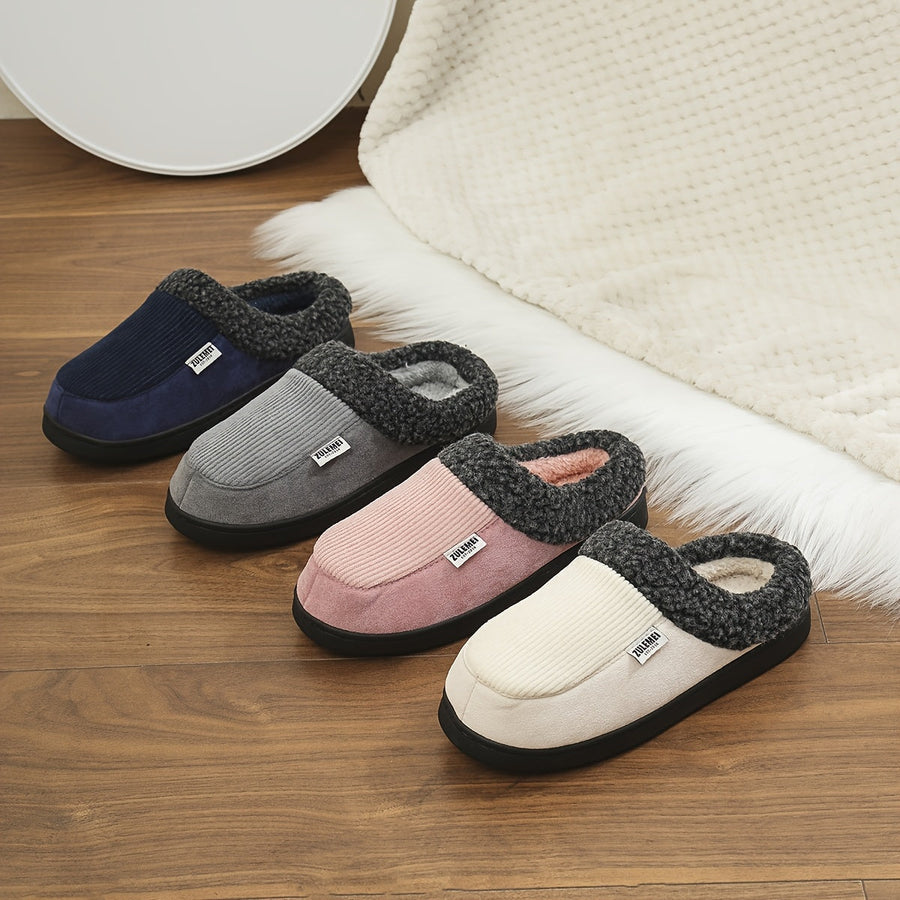 Mjuka tofflor med fuskpälsfoder och ribbad ovandel i textil