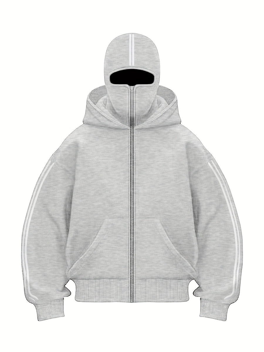 Hoodie med dragkedja och integrerad balaklava, vita ränder