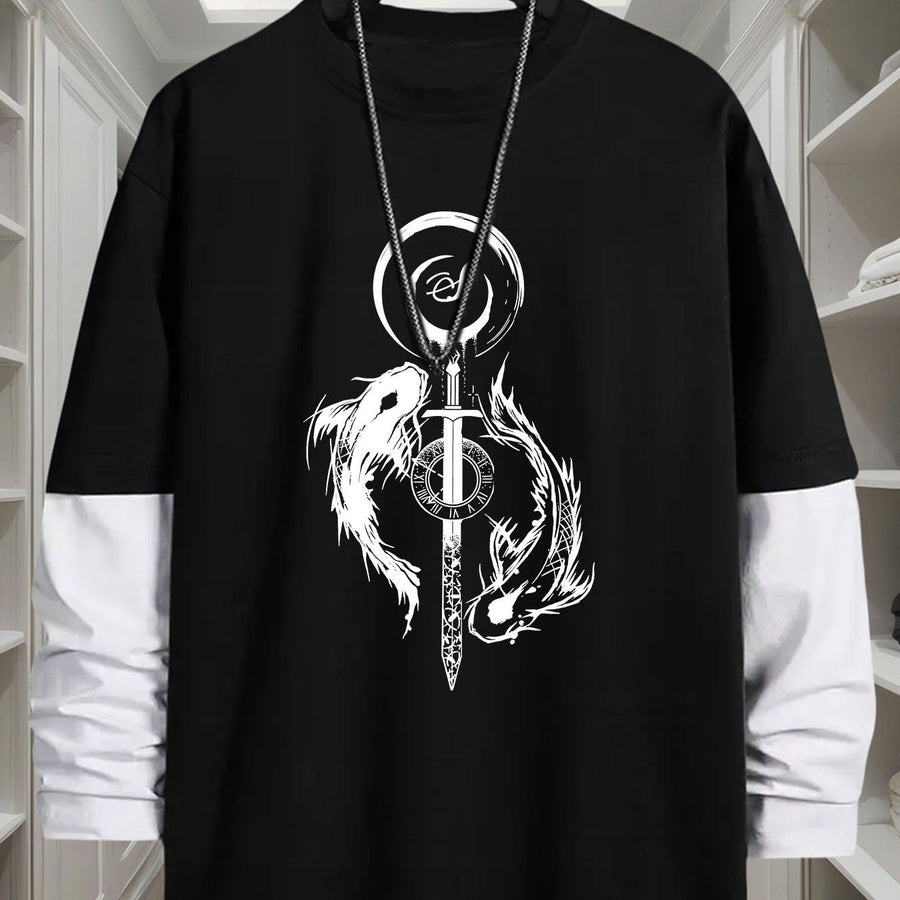 Långärmad t-shirt med lager-på-lager-look och svärd- & drakmotiv