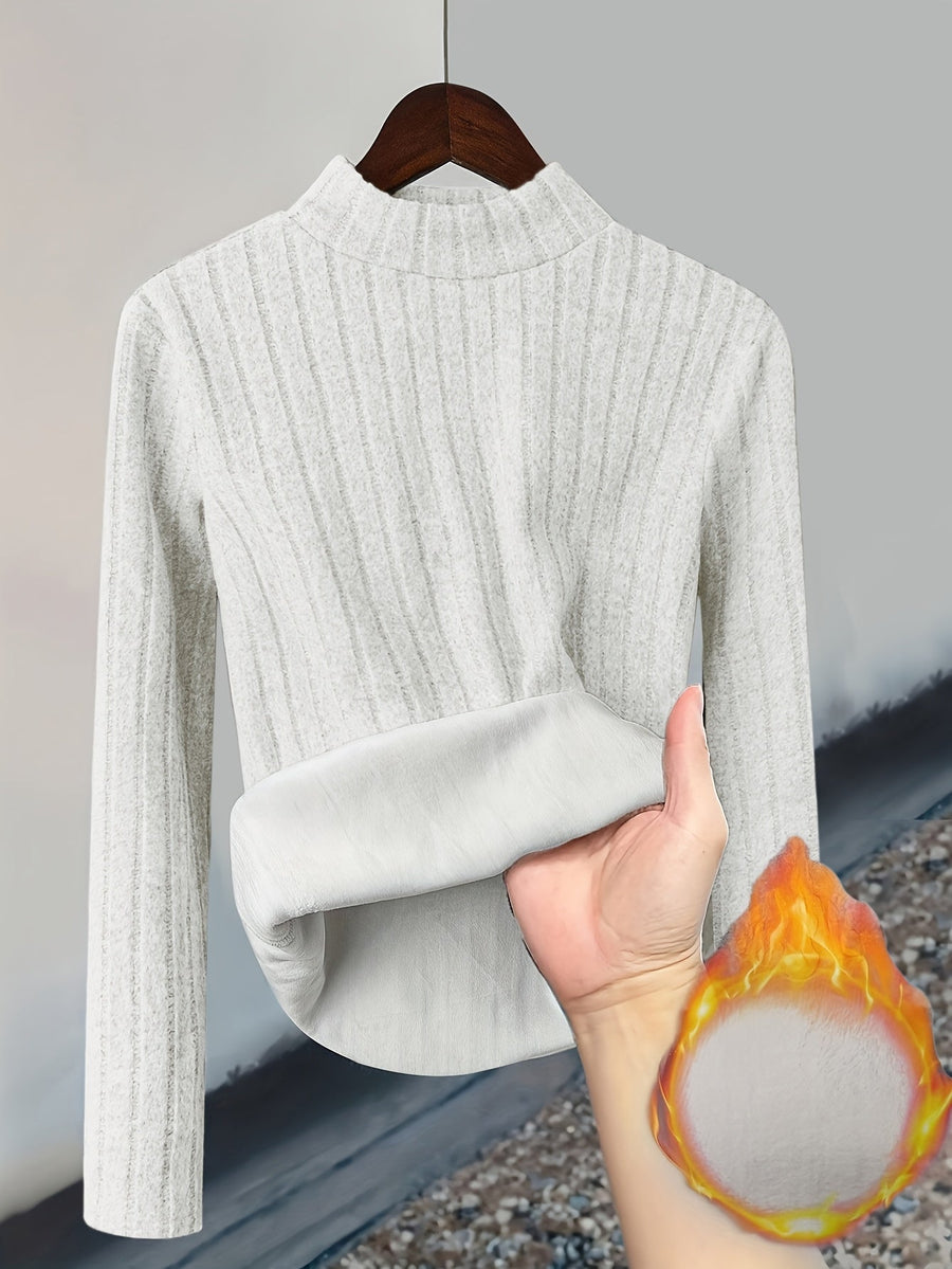 Ribbstickad Damtröja med Foder, Hög Hals & Lång Ärm, Varm