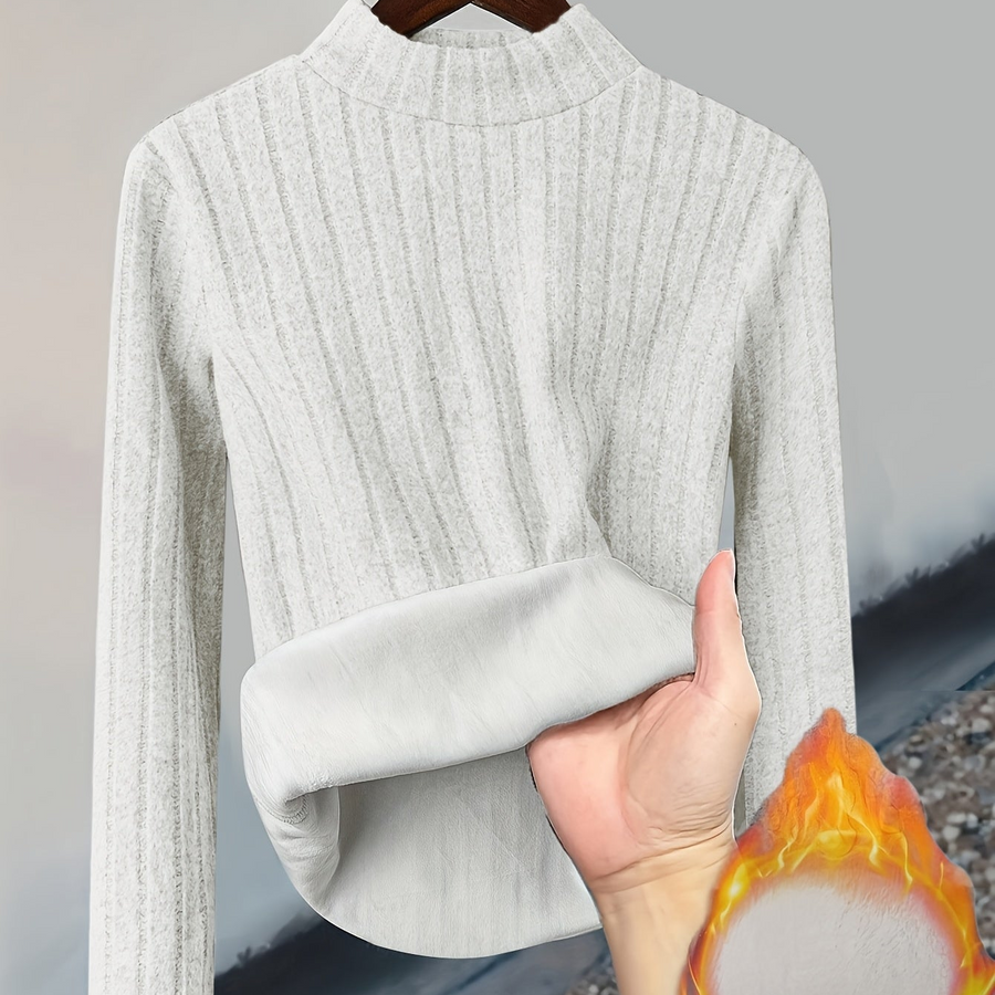 Ribbstickad Damtröja med Foder, Hög Hals & Lång Ärm, Varm