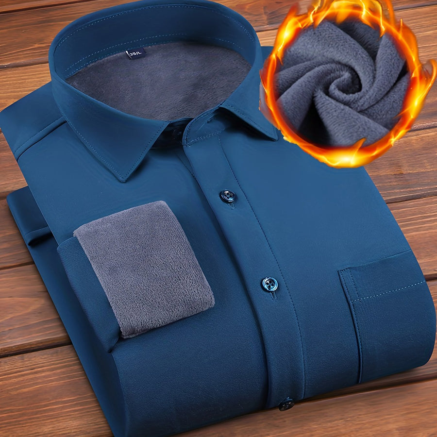 Fleecefodrad Herrskjorta Långärmad Business Skjorta med Bröstficka