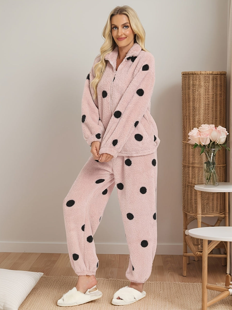 Dam Pyjamas Set i Fluffigt Material med Svarta Prickar och Dragkedja