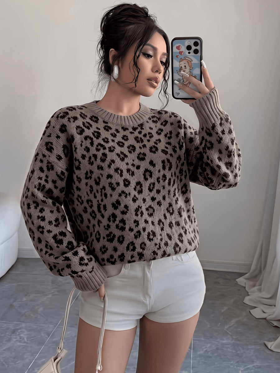 Damtröja leopardmönster rundhalsad långärmad stickad tröja