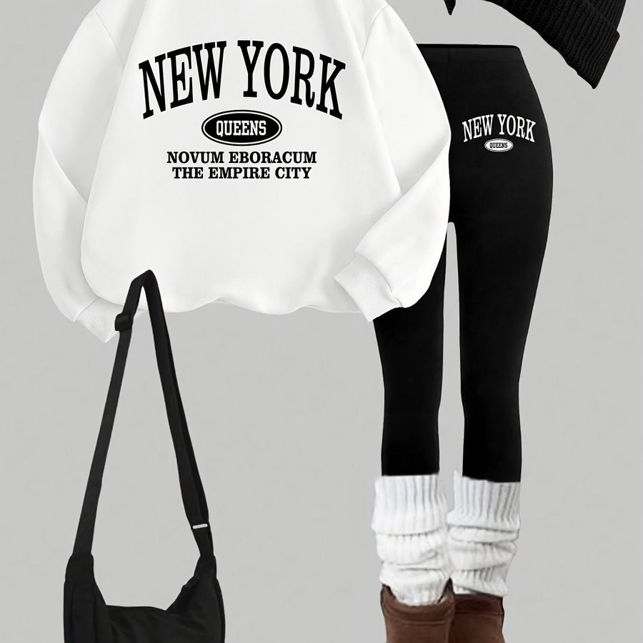 Dam Tröja & Leggings Set med New York-tryck, Rundhals, Långa Ärmar