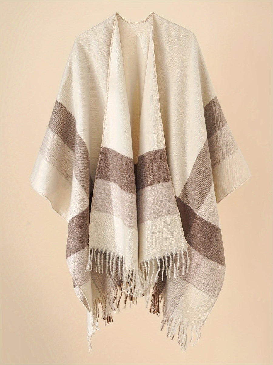 Women's Fringe Trim Open Front Poncho Cape